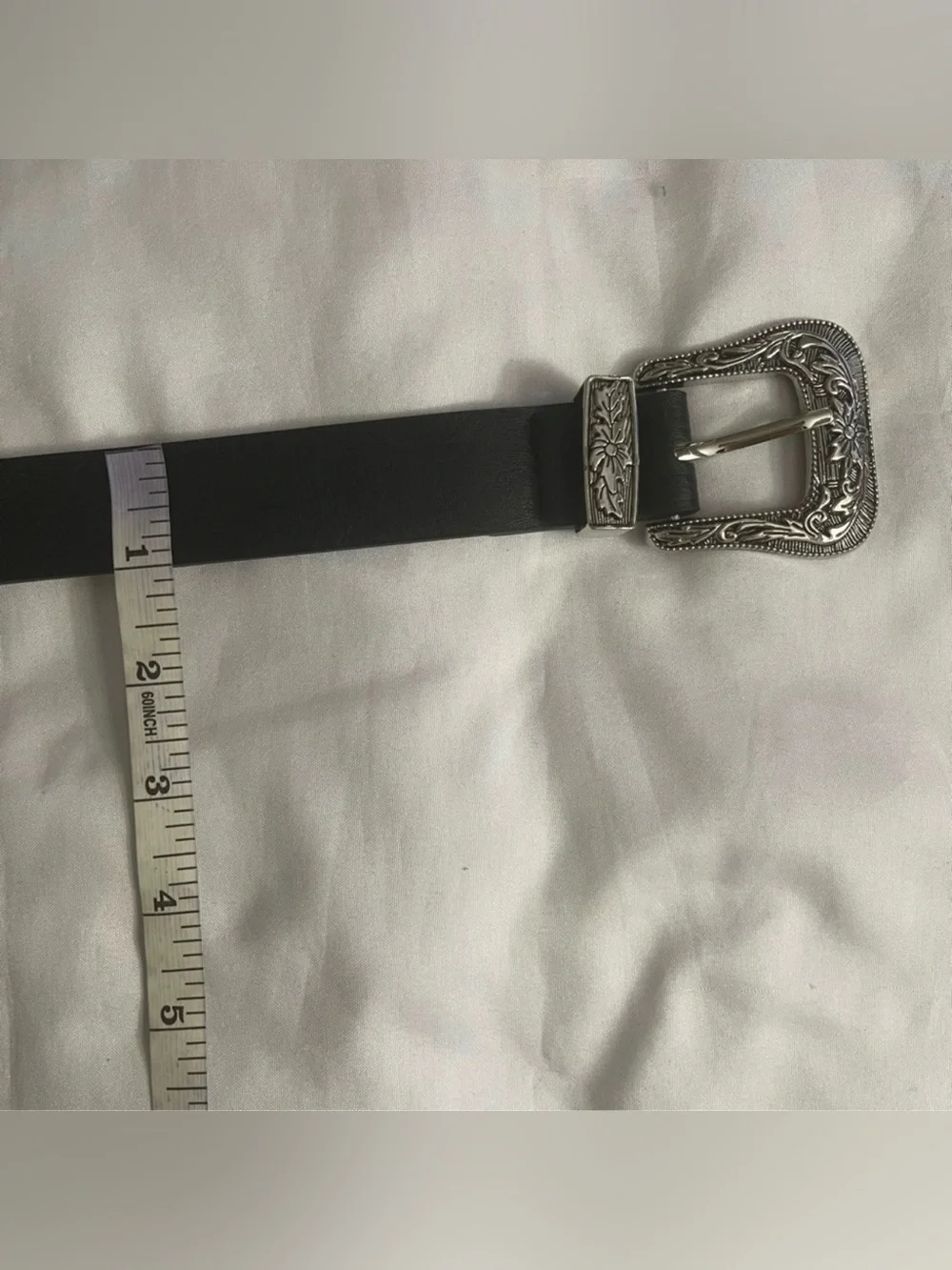 Black PU silver tone buckle skinny belt